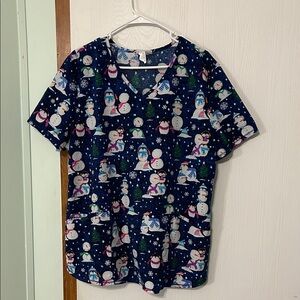 ScrubStar Snowman Print Navy Blue Scrub Top Size XL